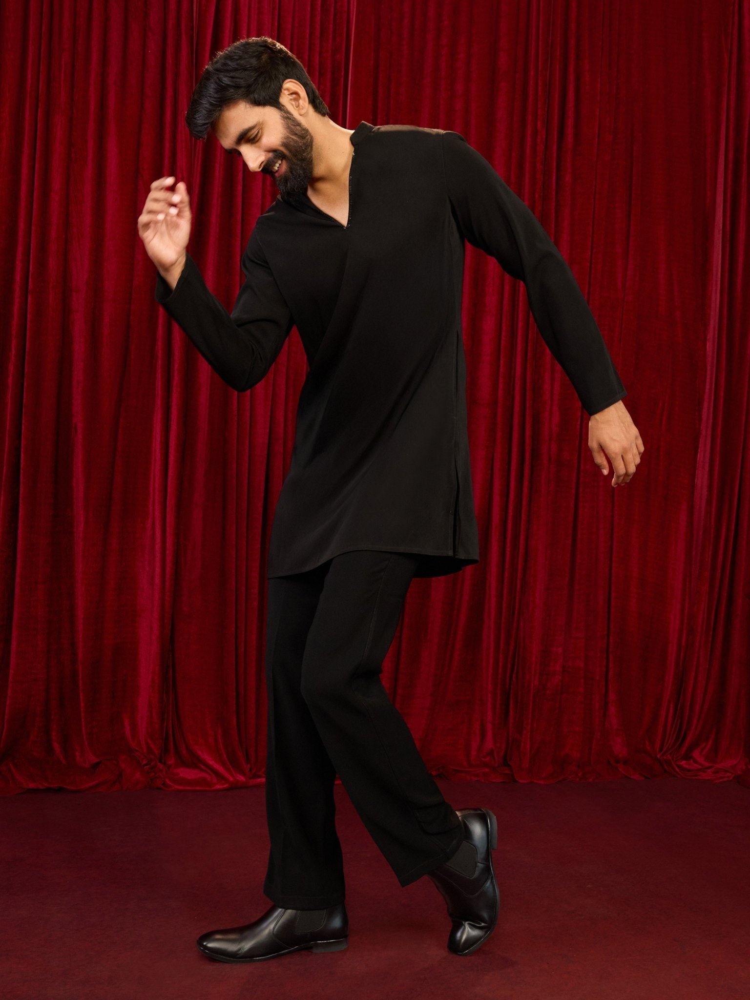 Men's Black Imported Suiting Sequin Bead Kurta & Straight Pant 2-Piece Set