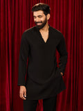 Men's Black Imported Suiting Sequin Beads Geometric Neckline Embroidered Mid-Length Kurta
