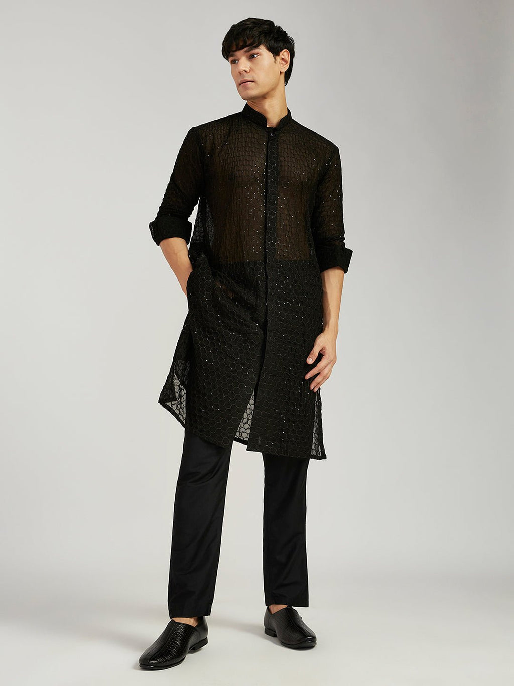 Men's Black Jacquard Kurta with Satin Pyjama and Embroidered Georgette Dupatta
