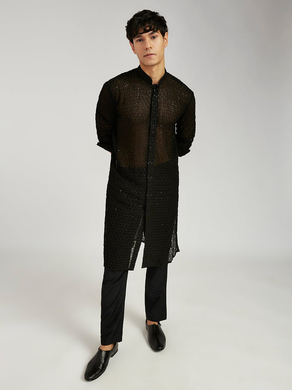 Men's Black Jacquard Kurta with Satin Pyjama and Embroidered Georgette Dupatta