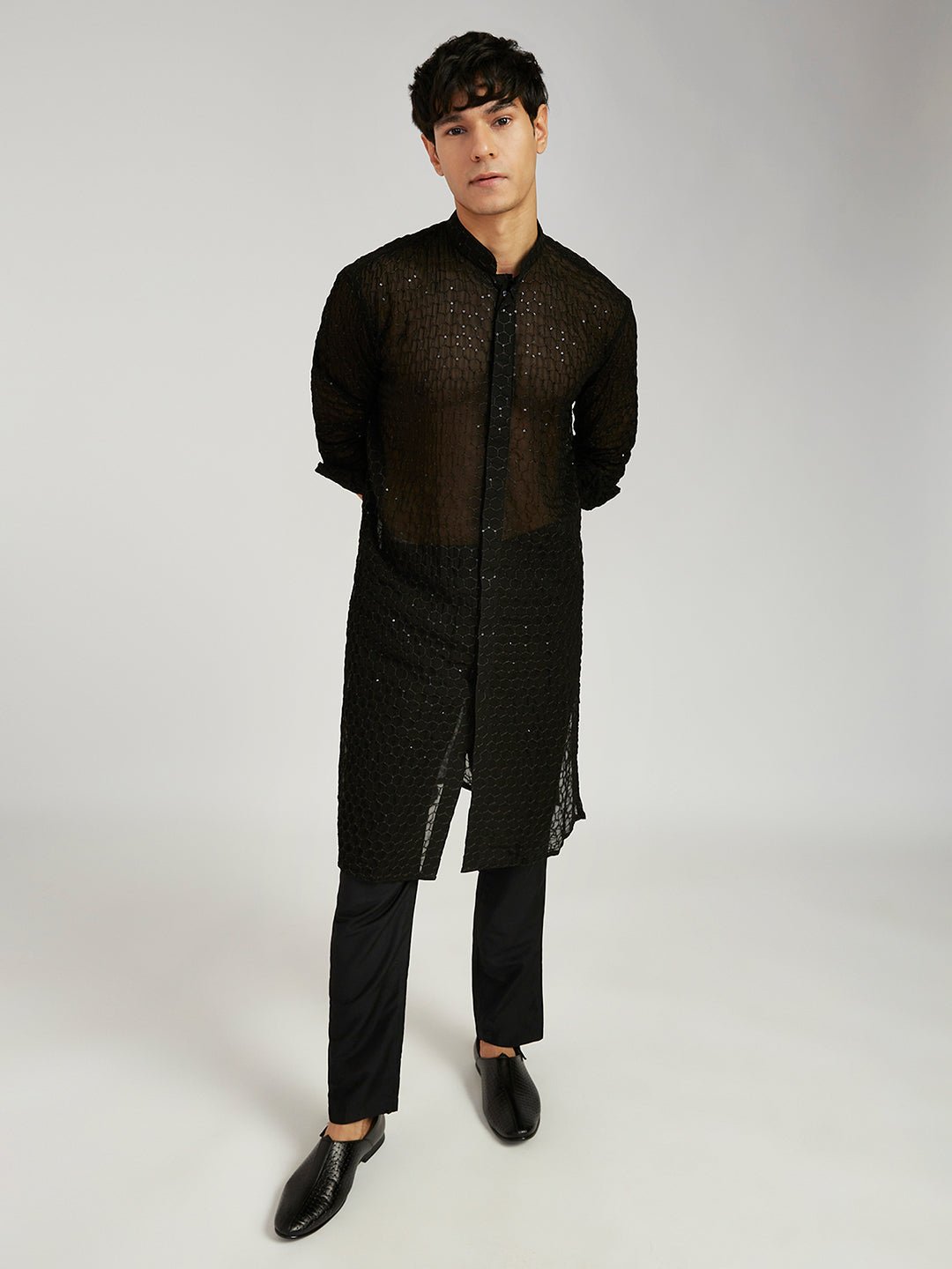 Men's Black Jacquard Kurta with Satin Pyjama and Embroidered Georgette Dupatta
