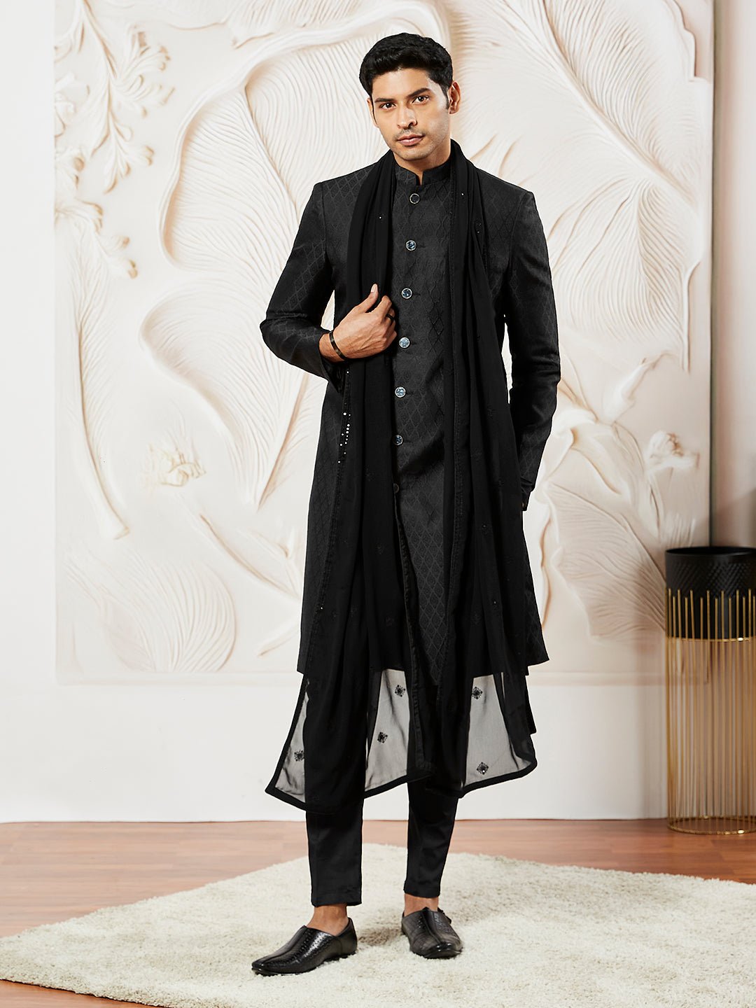 Men's Black Kalka Jacquard Sherwani Set with Kurta, Pyjama & Embroidered Georgette Dupatta