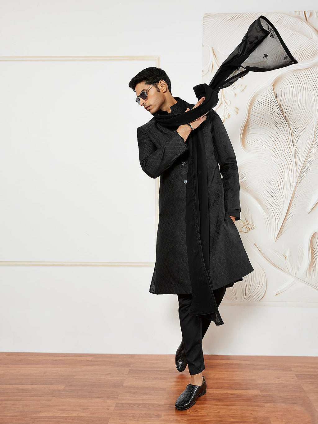 Men's Black Kalka Jacquard Sherwani Set with Kurta, Pyjama & Embroidered Georgette Dupatta