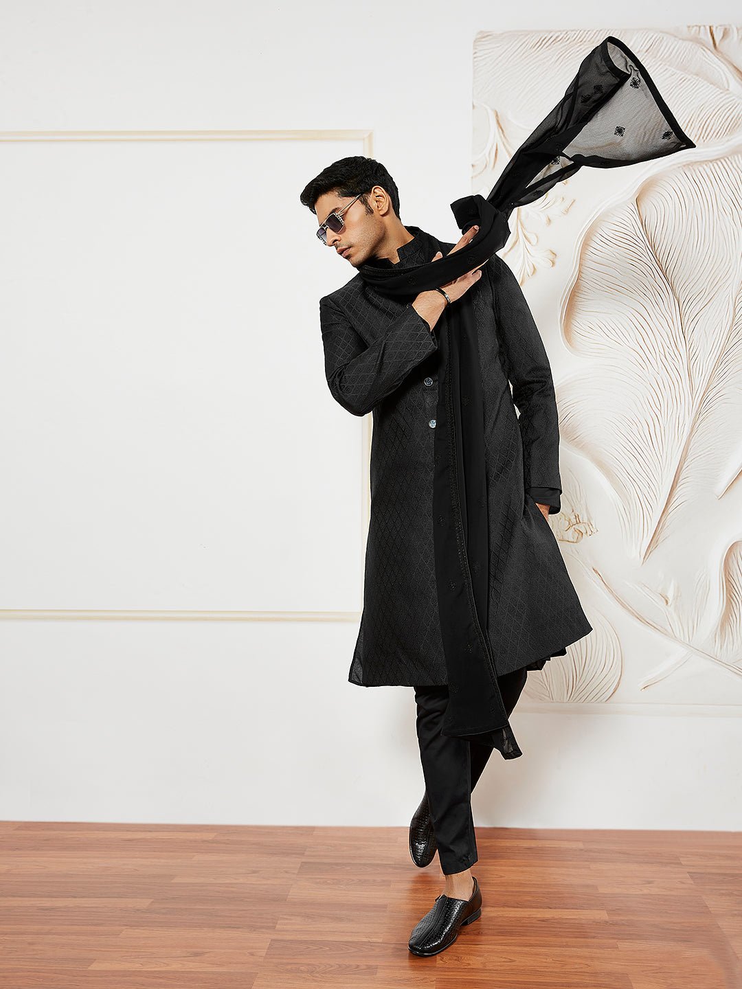 Men's Black Kalka Jacquard Sherwani Set with Kurta, Pyjama & Embroidered Georgette Dupatta