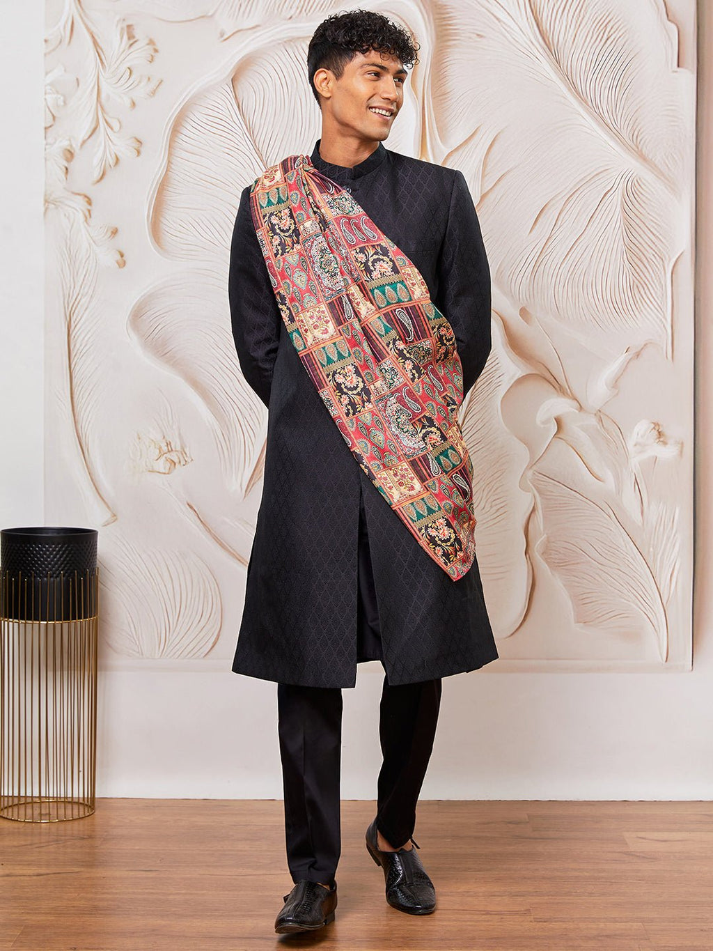 Men's Black Kalka Jacquard Sherwani Set with Viscose Pyjama & Multicolor Paisley Dupatta