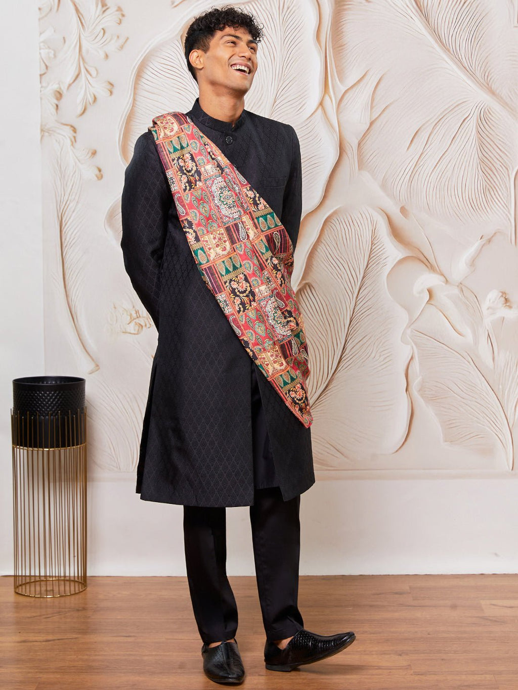 Men's Black Kalka Jacquard Sherwani Set with Viscose Pyjama & Multicolor Paisley Dupatta