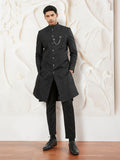 Men's Black Kalka Jacquard Silk Blend Sherwani with Black Viscose Pyjama