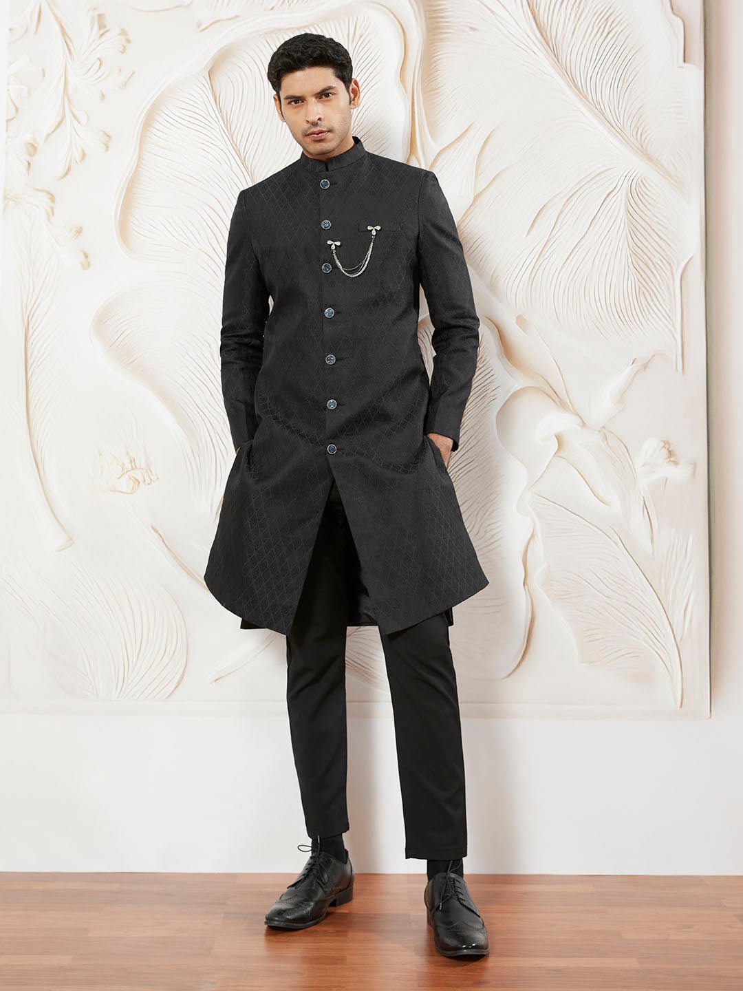 Men's Black Kalka Jacquard Silk Blend Sherwani with Black Viscose Pyjama