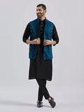 Men's Black Kurta Pyjama Set with Turquoise Embroidered Nehru Jacket