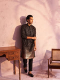 Men's Black Ombre Sequin Georgette Kurta with Black Satin Pyjama
