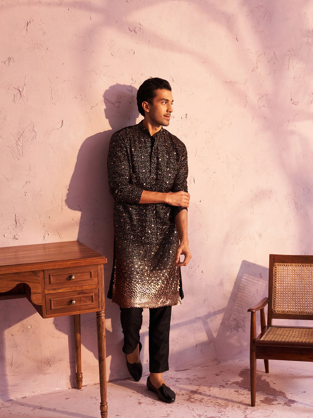 Men's Black Ombre Sequin Georgette Kurta with Black Satin Pyjama