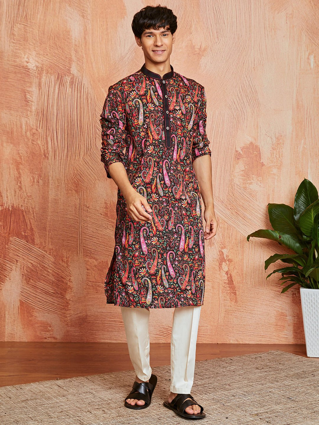 Men's Black Paisley Print Viscose Blend Kurta with Cream Viscose Pyjama