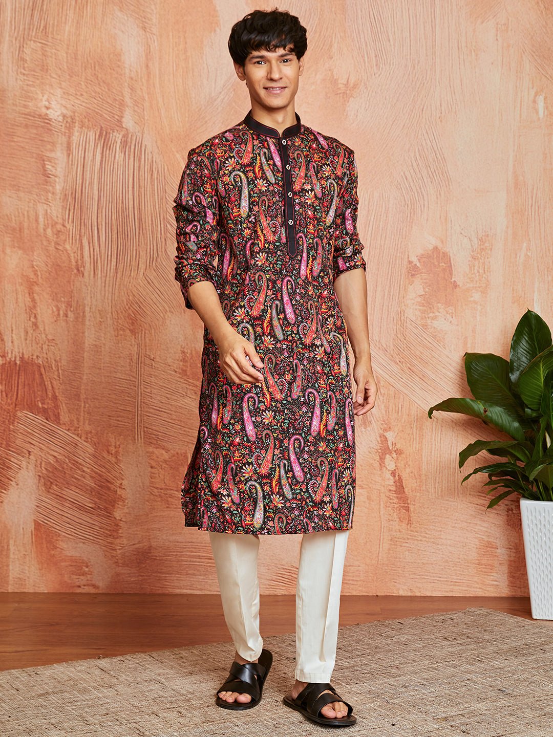 Men's Black Paisley Print Viscose Blend Kurta with Cream Viscose Pyjama