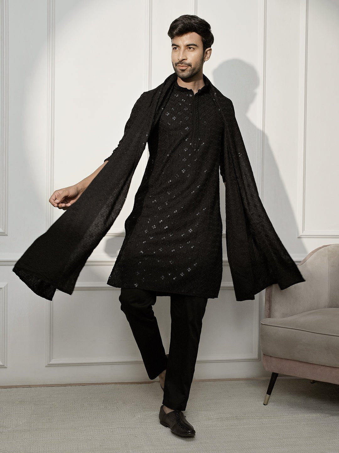 Men's Black Rayon Chikankari Kurta Pyjama Dupatta Set