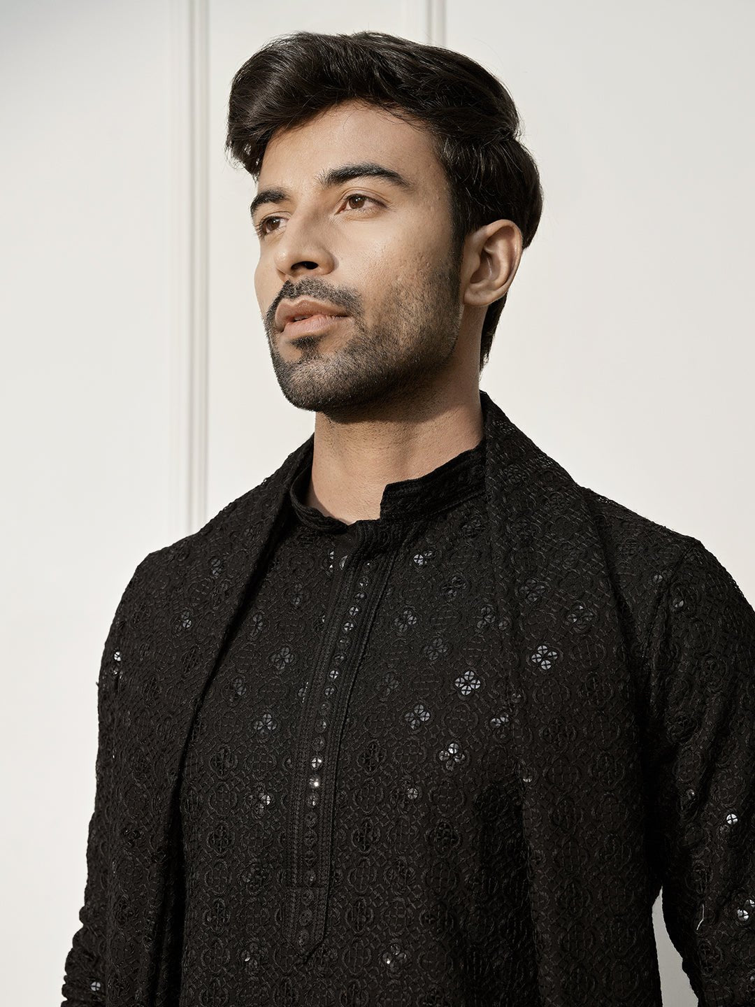 Men's Black Rayon Chikankari Kurta Pyjama Dupatta Set