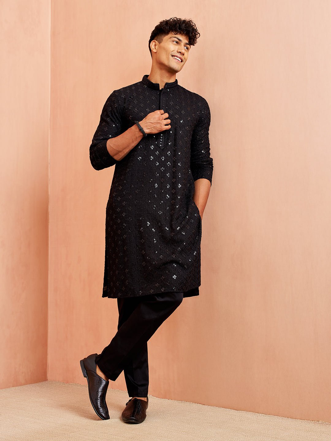 Men's Black Rayon Chikankari Sequin Embroidered Kurta Pyjama Set