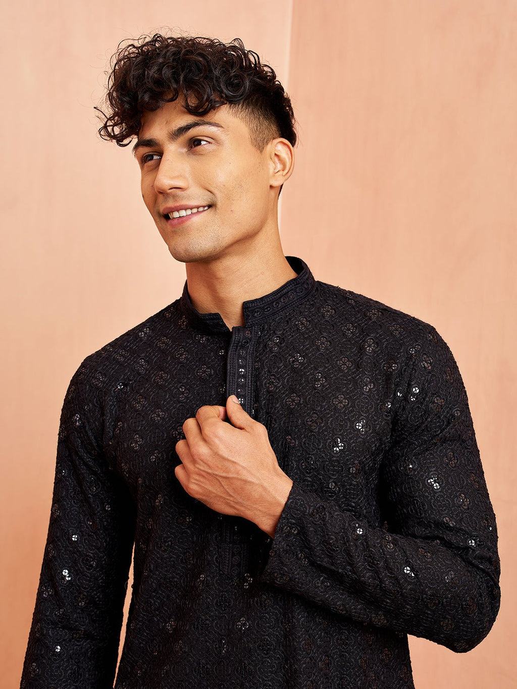 Men's Black Rayon Chikankari Sequin Embroidered Kurta Pyjama Set