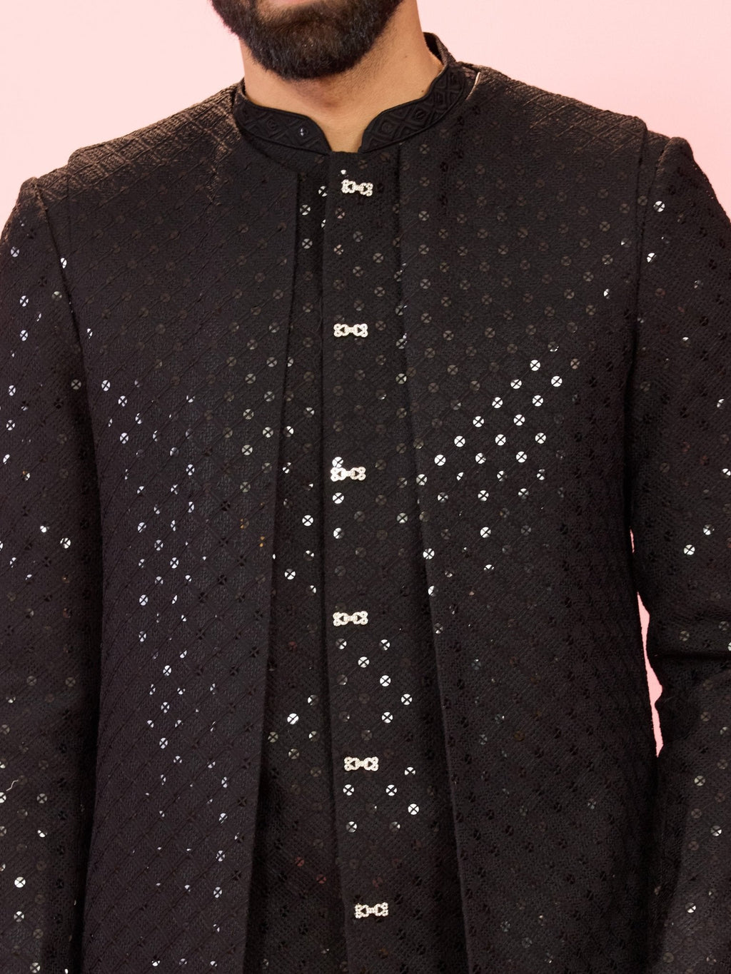Men's Black Sequin Embroidered Double-Layer Indo Sherwani with Pant Pyjama