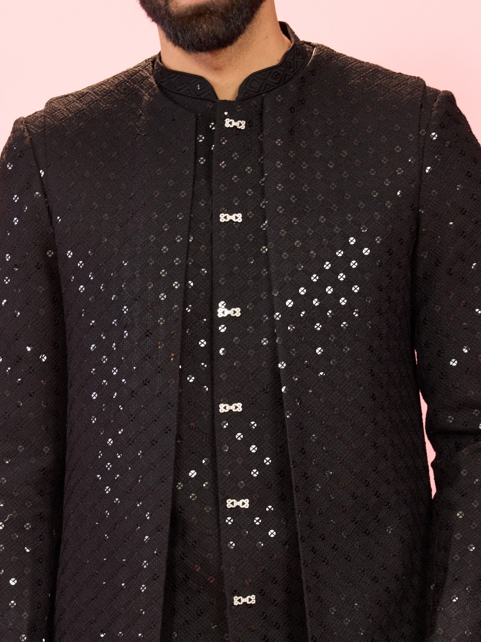 Men's Black Sequin Embroidered Double-Layer Indo Sherwani with Pant Pyjama