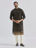 Men's Black Sequin Embroidered Georgette Kurta with Cream Satin Pyjama