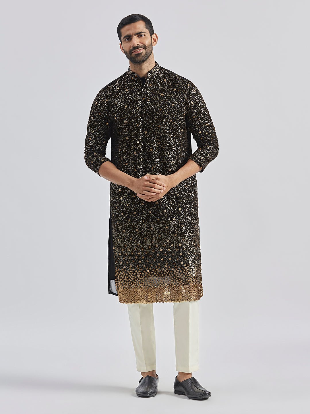 Men's Black Sequin Embroidered Georgette Kurta with Cream Satin Pyjama