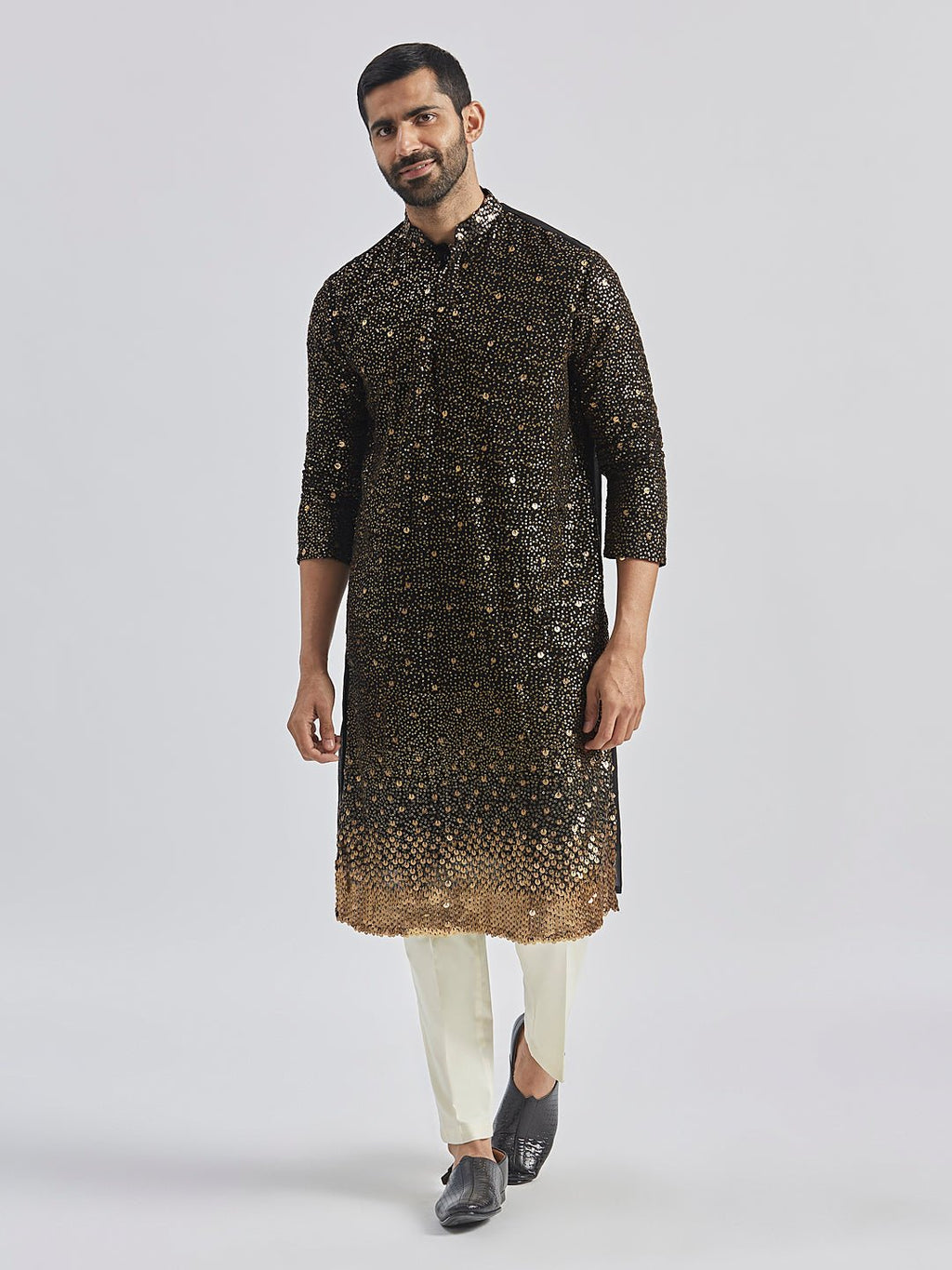 Men's Black Sequin Embroidered Georgette Kurta with Cream Satin Pyjama