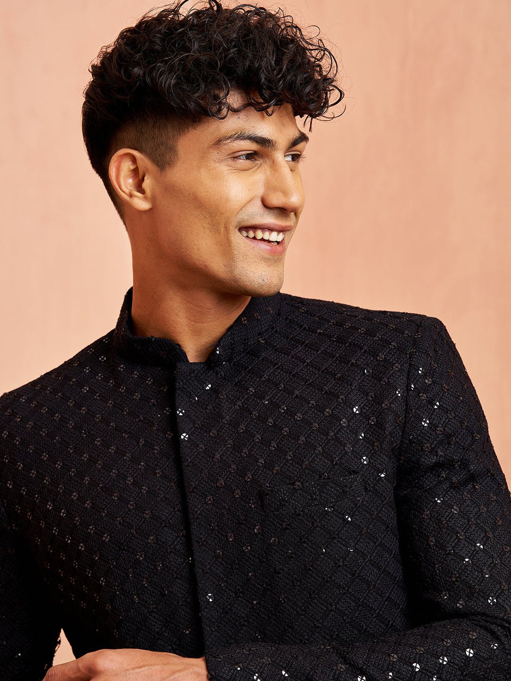 Men's Black Sequin Embroidered Rayon Sherwani with Fine Satin Pyjama Set