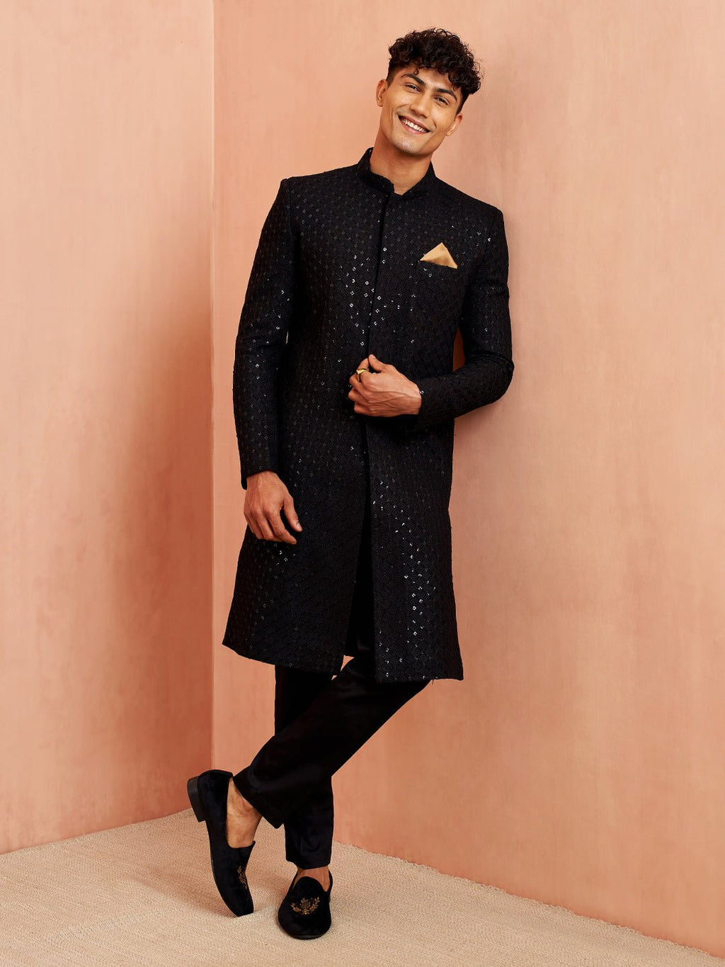 Men's Black Sequin Embroidered Rayon Sherwani with Fine Satin Pyjama Set