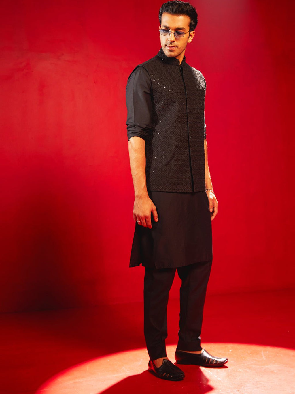 Men's Black Sequin Embroidery Nehru Jacket with Kurta Pyjama Set