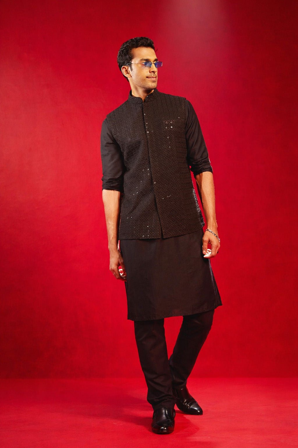 Men's Black Sequin Embroidery Nehru Jacket with Kurta Pyjama Set