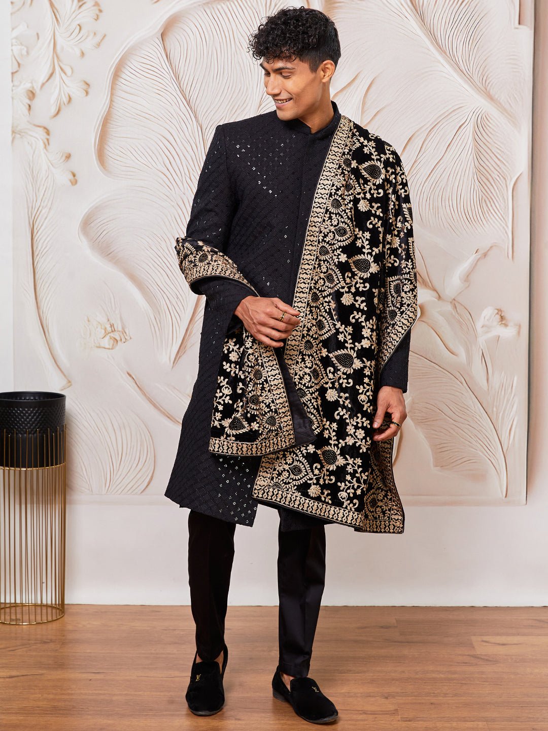 Men's Black Sequin Sherwani Set with Kurta Pyjama & Embroidered Velvet Dupatta