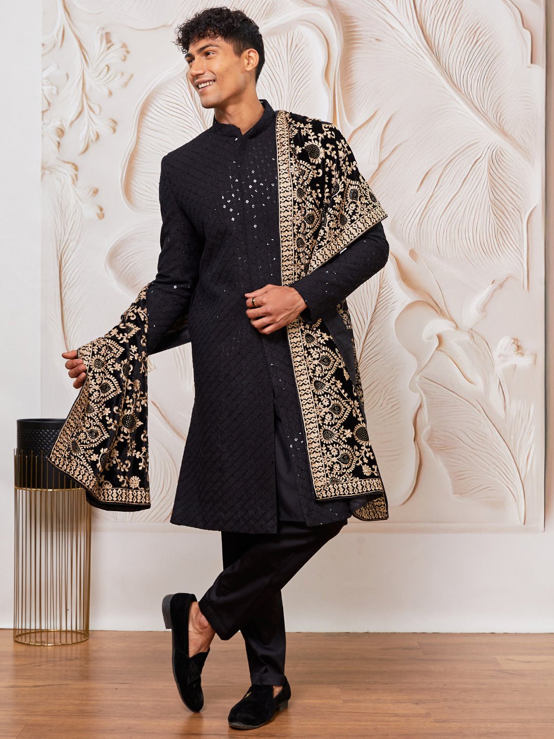 Men's Black Sequin Sherwani Set with Kurta Pyjama & Embroidered Velvet Dupatta