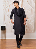 Men's Black Silk Blend Kurta Pyjama Dupatta Set