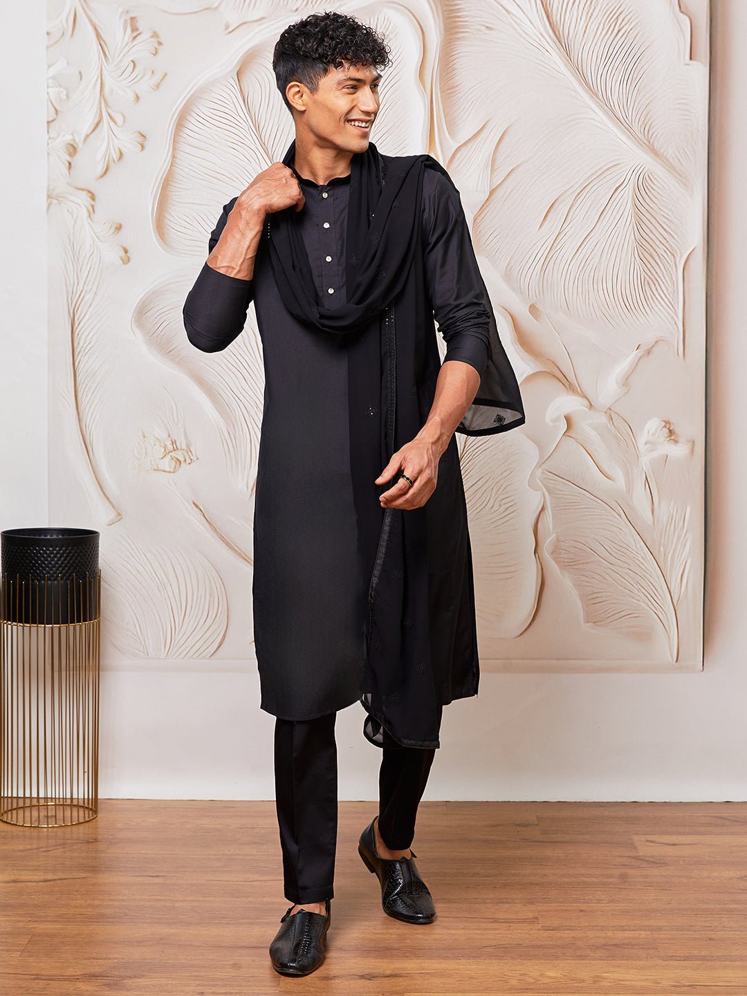 Men's Black Silk Blend Kurta Pyjama Dupatta Set
