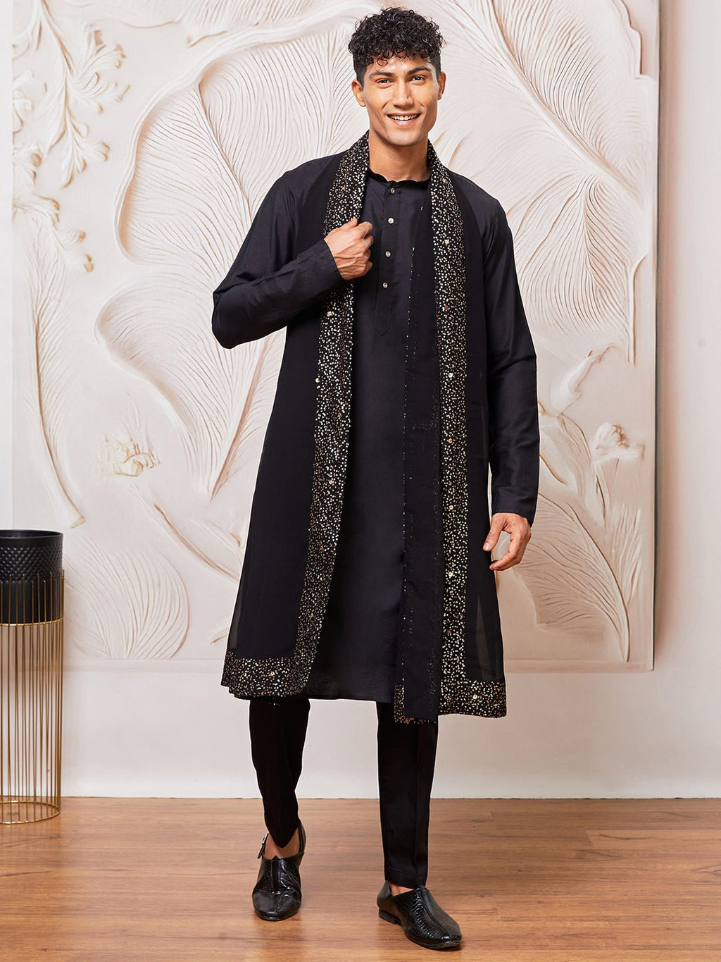 Men's Black Silk Blend Kurta Pyjama Dupatta Set