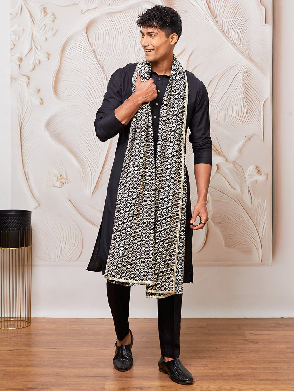 Men's Black Silk Blend Kurta Pyjama Set with Black Embroidered Dupatta