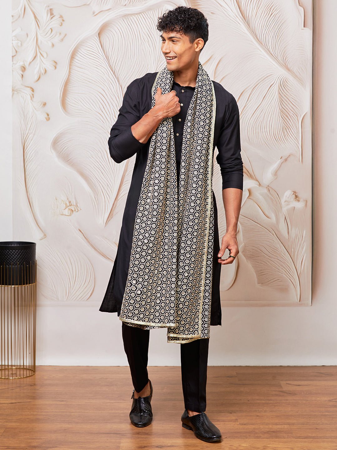 Men's Black Silk Blend Kurta Pyjama Set with Black Embroidered Dupatta