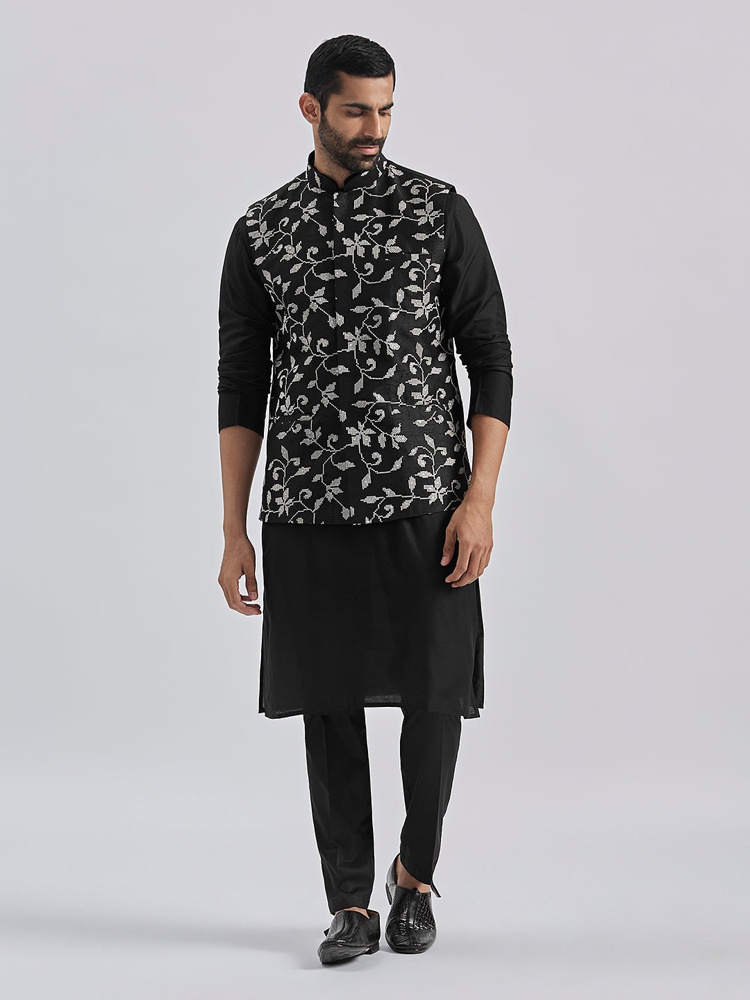 Men's Black Silk Blend Kurta Pyjama Set with Embroidered Dupion Nehru Jacket