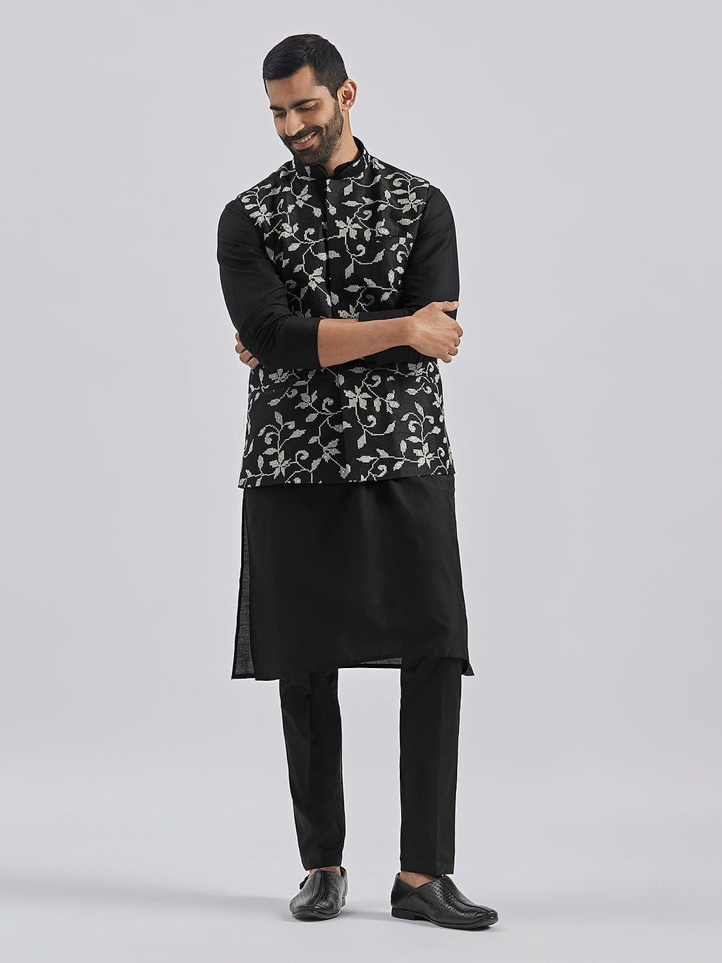 Men's Black Silk Blend Kurta Pyjama Set with Embroidered Dupion Nehru Jacket