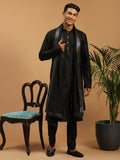 Men's Black Silk Blend Kurta Pyjama Set with Mirror Work Dupatta