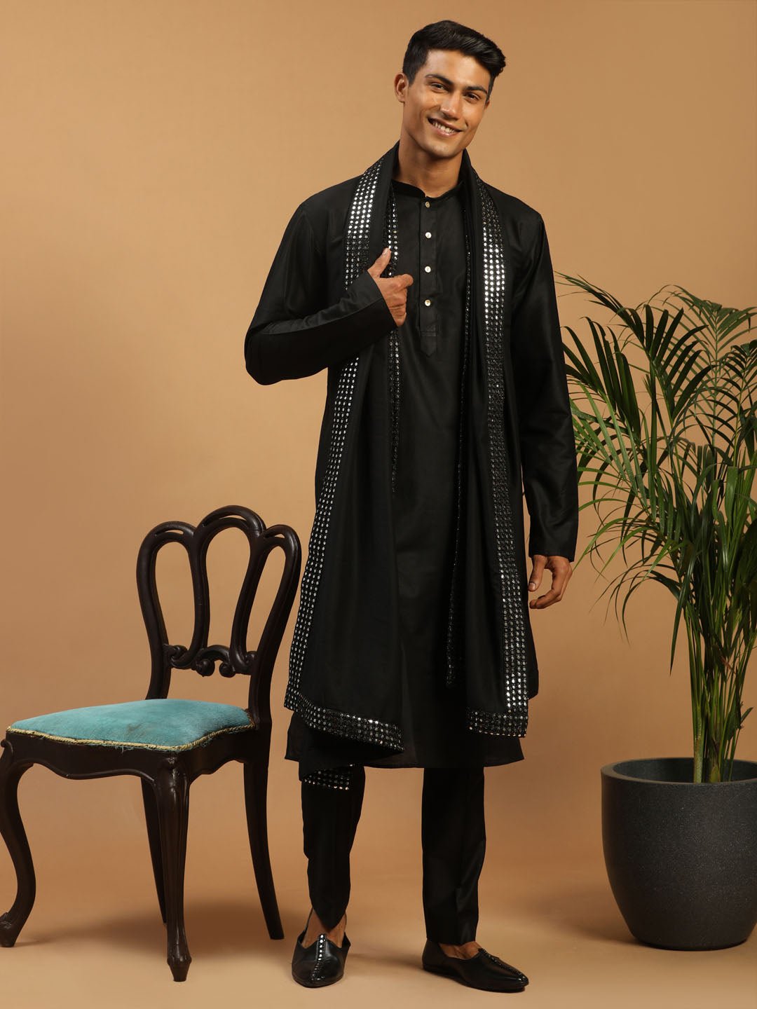 Men's Black Silk Blend Kurta Pyjama Set with Mirror Work Dupatta