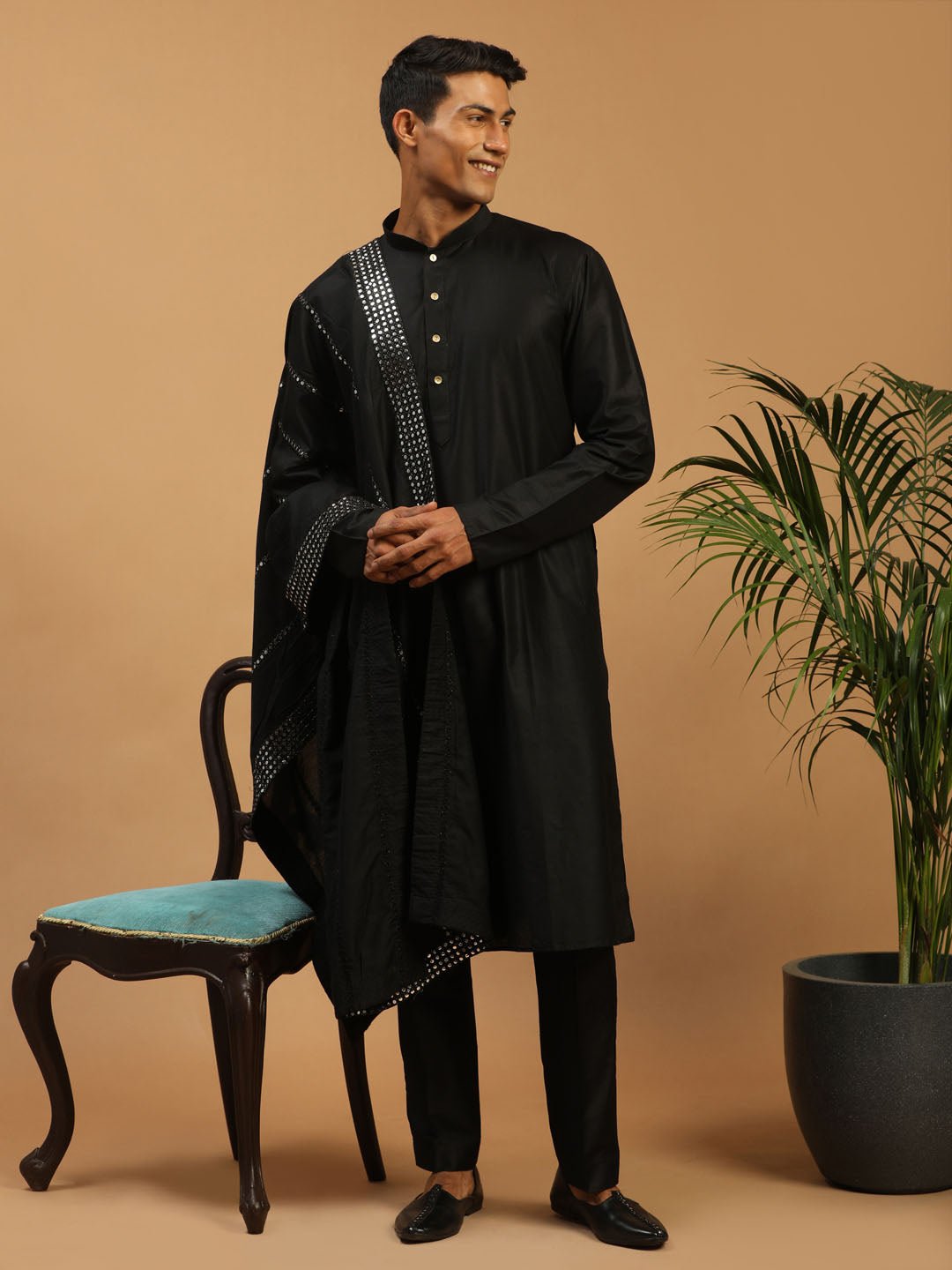 Men's Black Silk Blend Kurta Pyjama Set with Mirror Work Dupatta