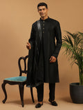 Men's Black Silk Blend Kurta Pyjama Set with Mirror Work Dupatta