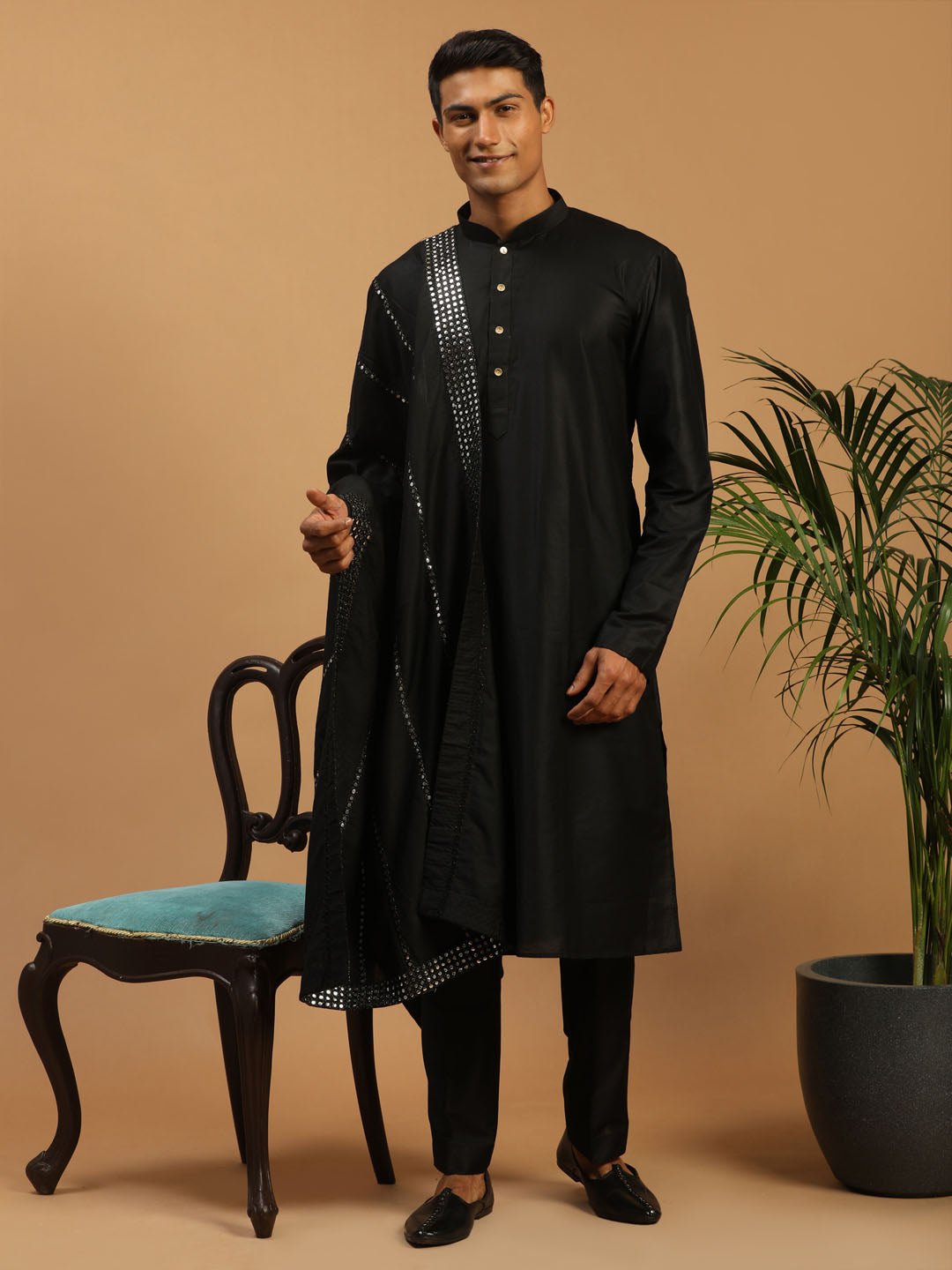 Men's Black Silk Blend Kurta Pyjama Set with Mirror Work Dupatta