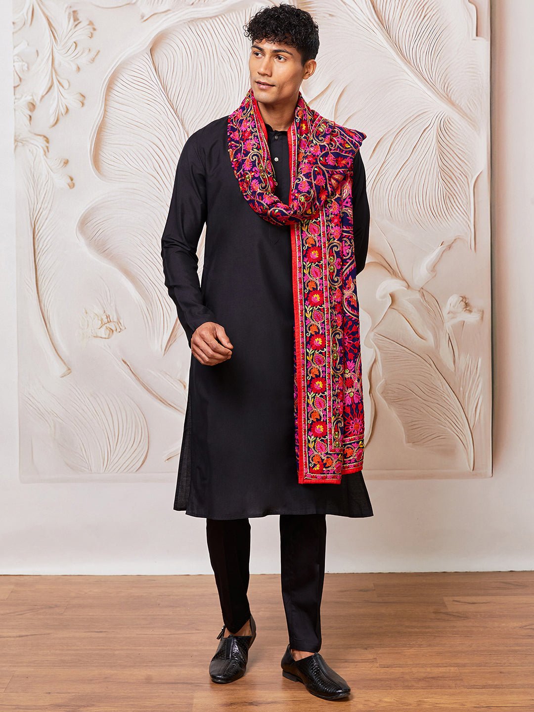 Men's Black Silk Blend Kurta Pyjama Set with Multicolor Embroidered Dupatta