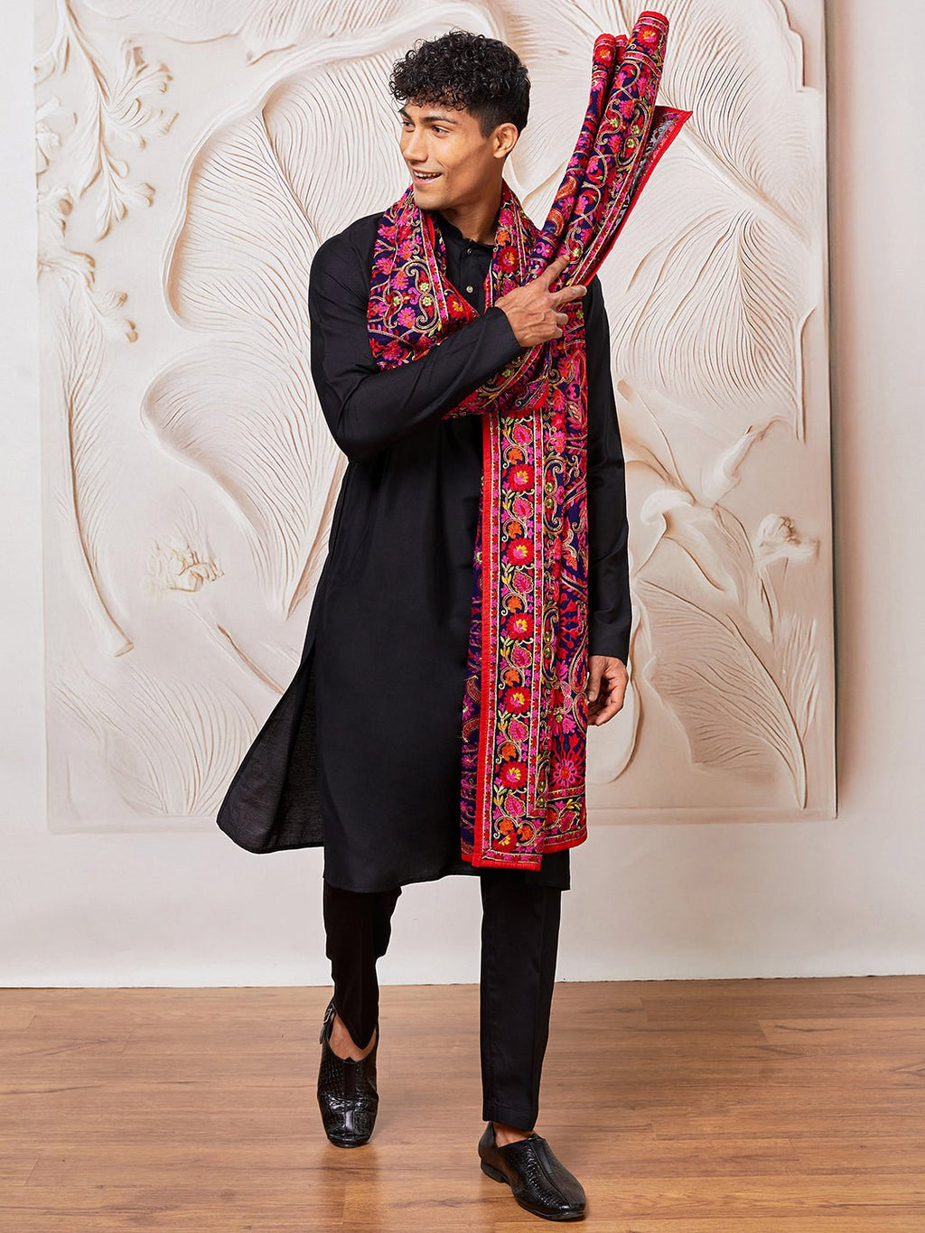 Men's Black Silk Blend Kurta Pyjama Set with Multicolor Embroidered Dupatta