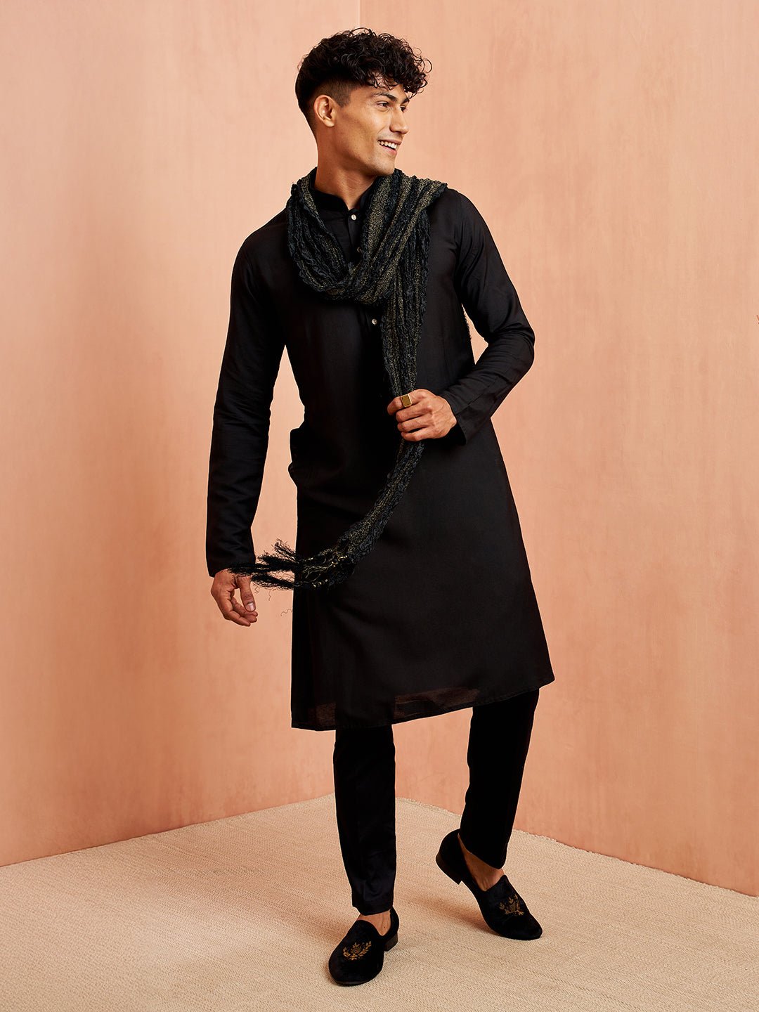 Men's Black Silk Blend Kurta Pyjama Set with Solid Black Crushed Dupatta