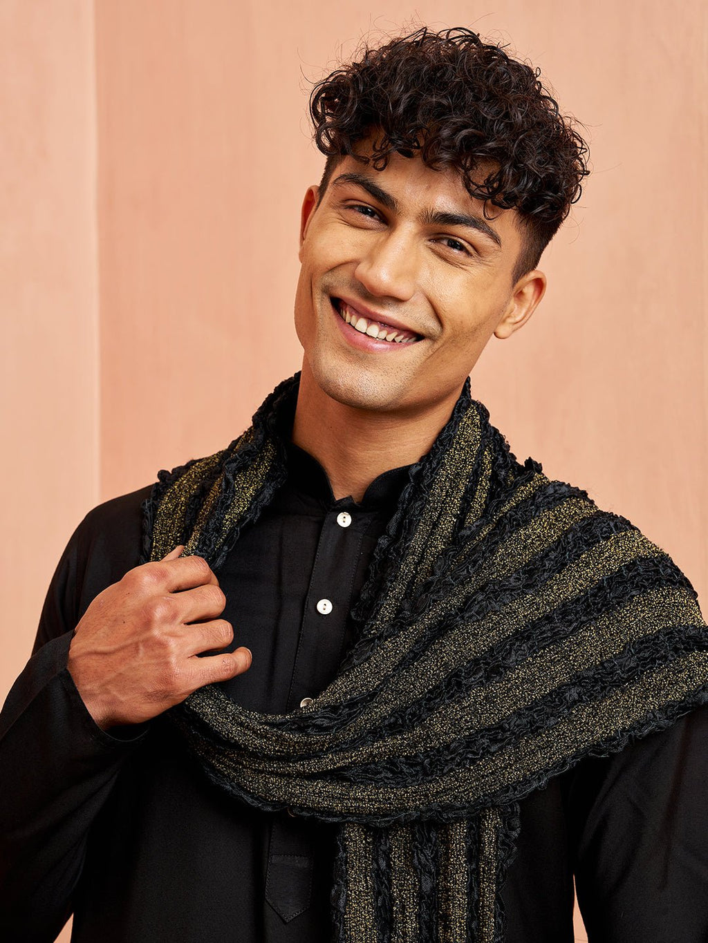 Men's Black Silk Blend Kurta Pyjama Set with Solid Black Crushed Dupatta