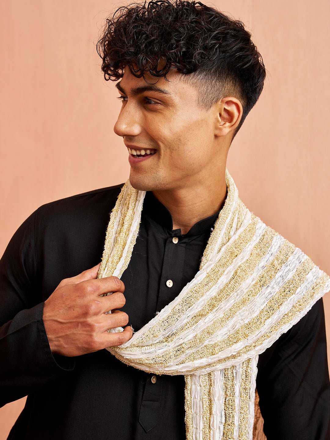 Men's Black Silk Blend Kurta Pyjama Set with Solid White Crushed Dupatta