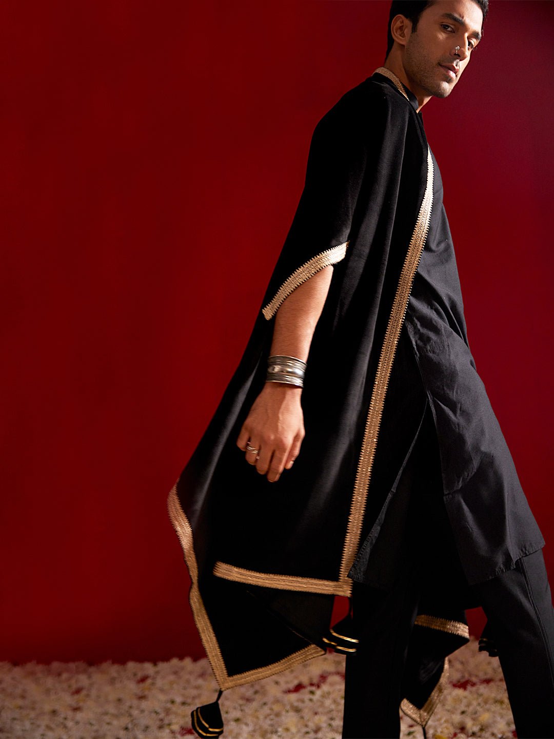 Men's Black Silk Blend Kurta Pyjama Set with Velvet Dupatta